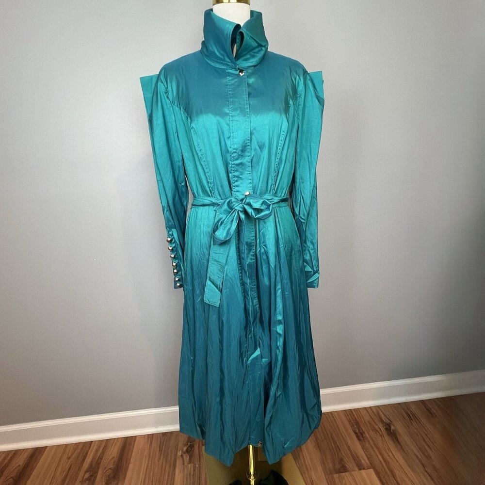 Terramina Rare Iridescent Teal Trench Coat Church Suit Dress Glam Size 12 NWT